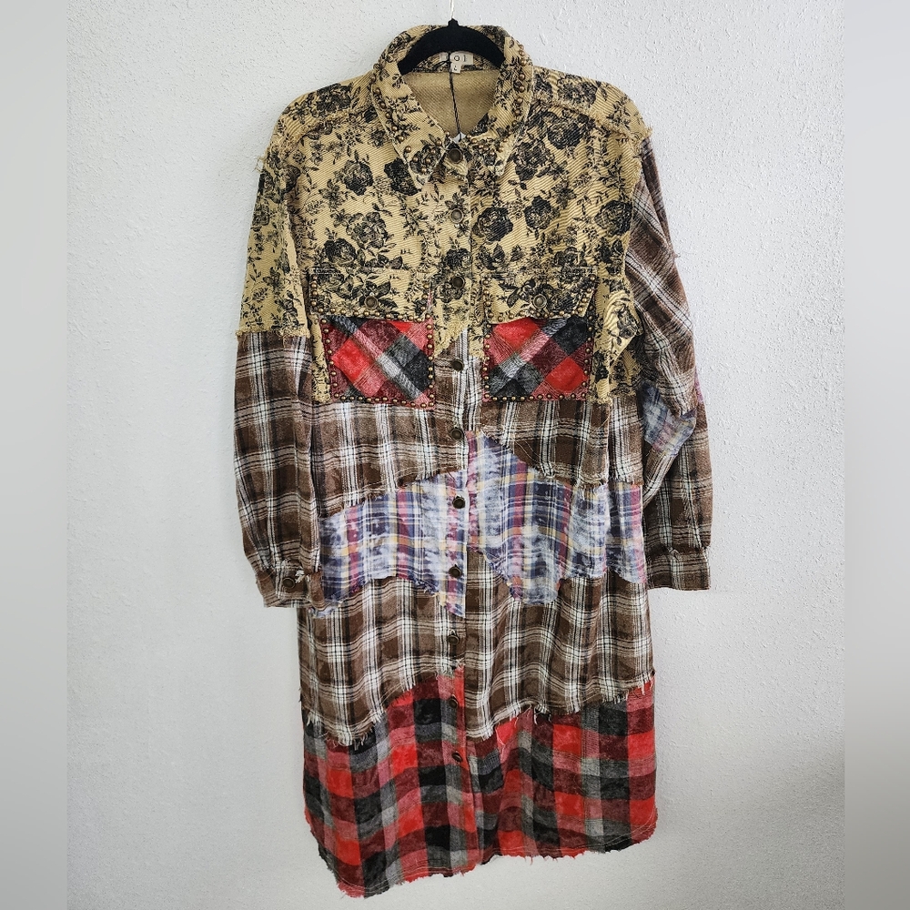 POL NWT Plaid Patchwork & Floral Button Down Midi… - image 2